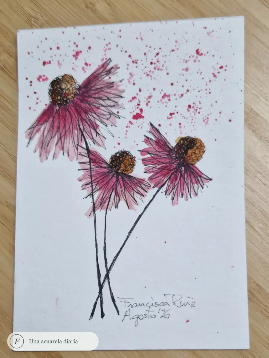 Acuarela vertical de tres equináceas rosas con centros ocres, tinta negra y salpicaduras fucsias.