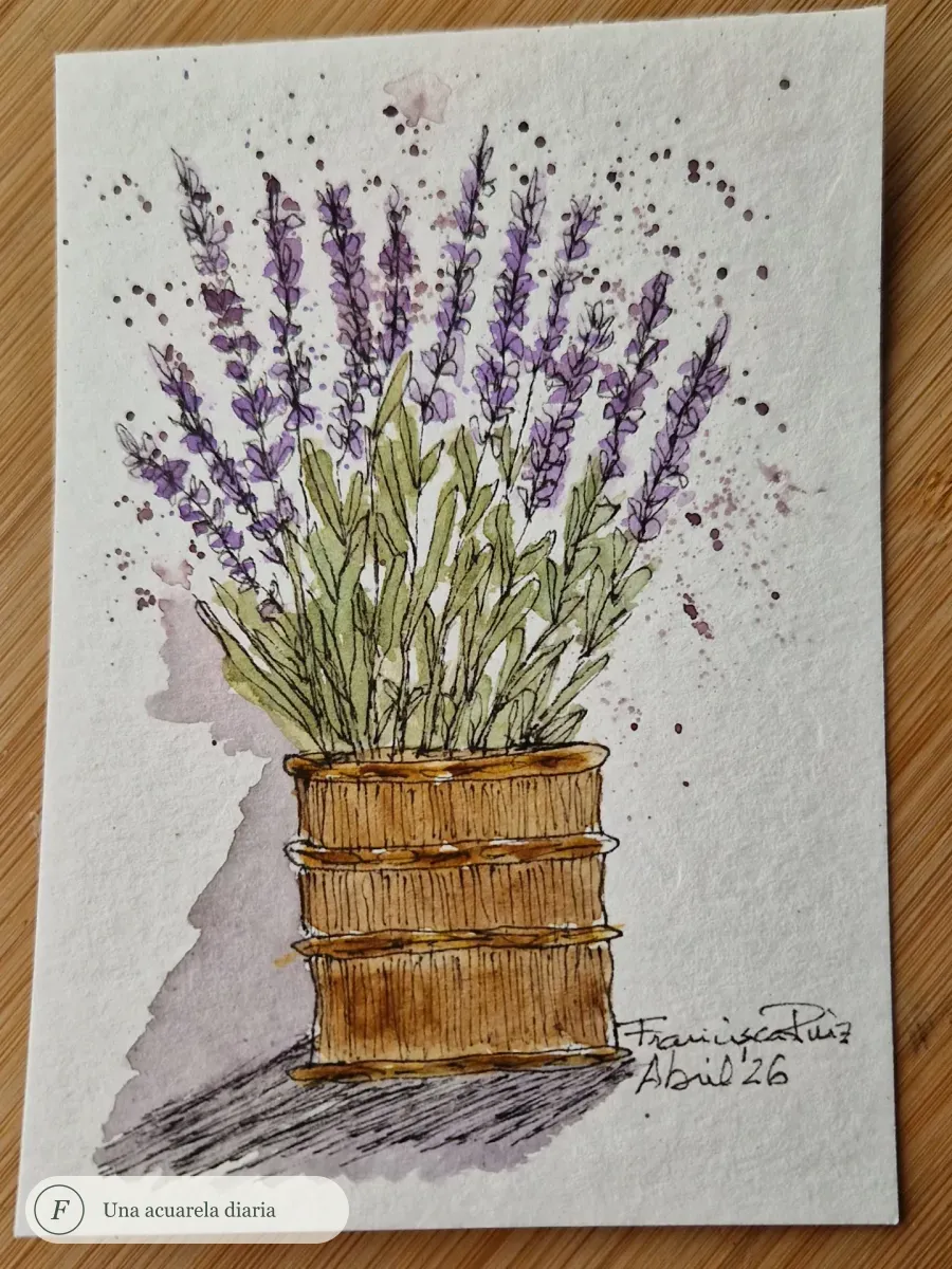 Acuarela vertical de lavandas violetas en un cubo de madera con hojas verdes y sombras malvas.